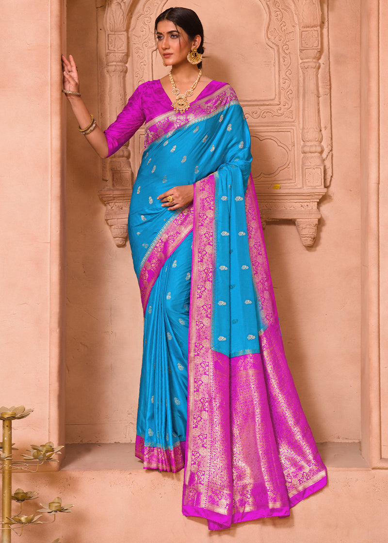 Cerulean Blue and Purple Banarasi Satin Silk Saree