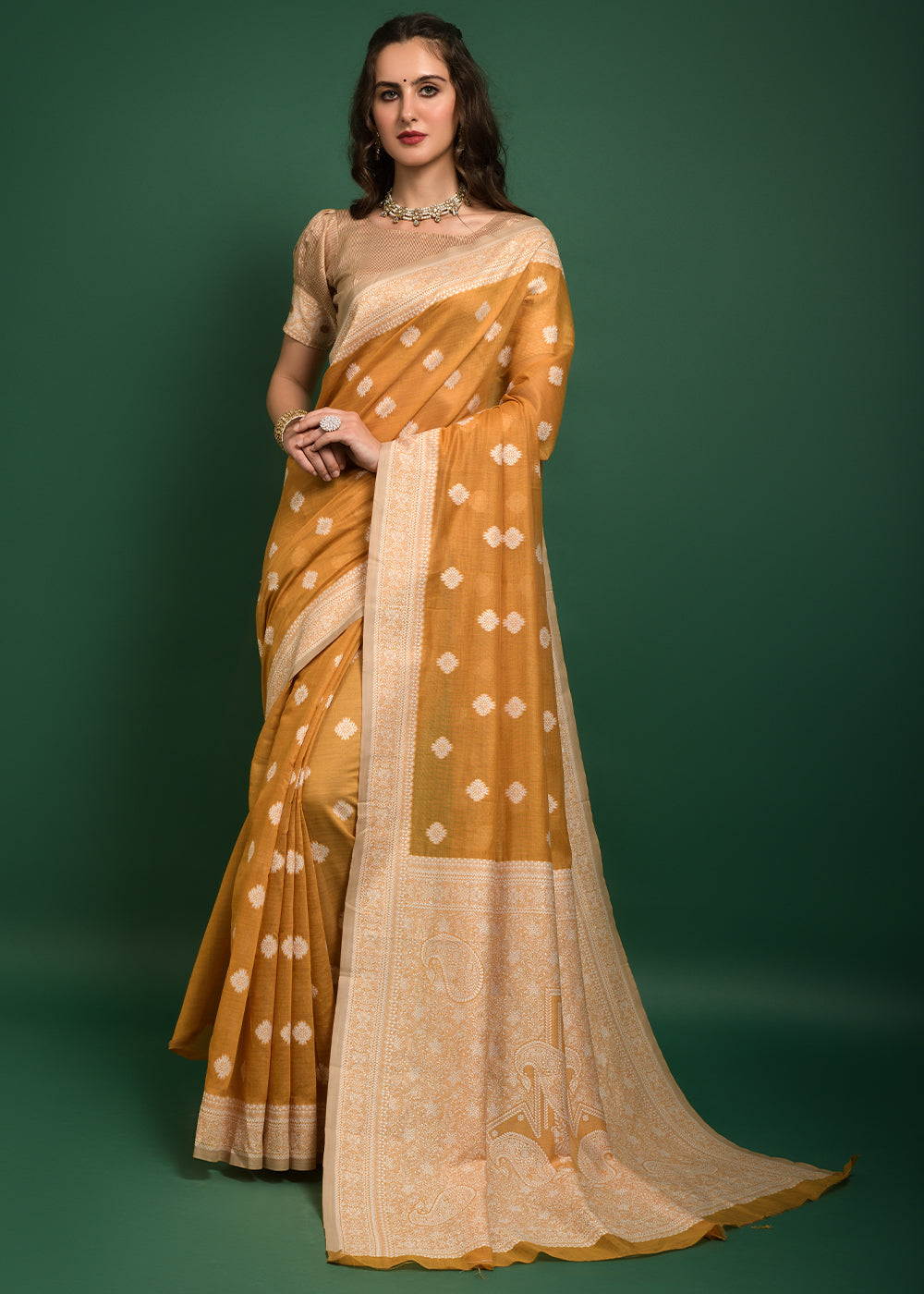 Buy MySilkLove Goldenrod Yellow Chikankari Chanderi Cotton Woven Saree Online