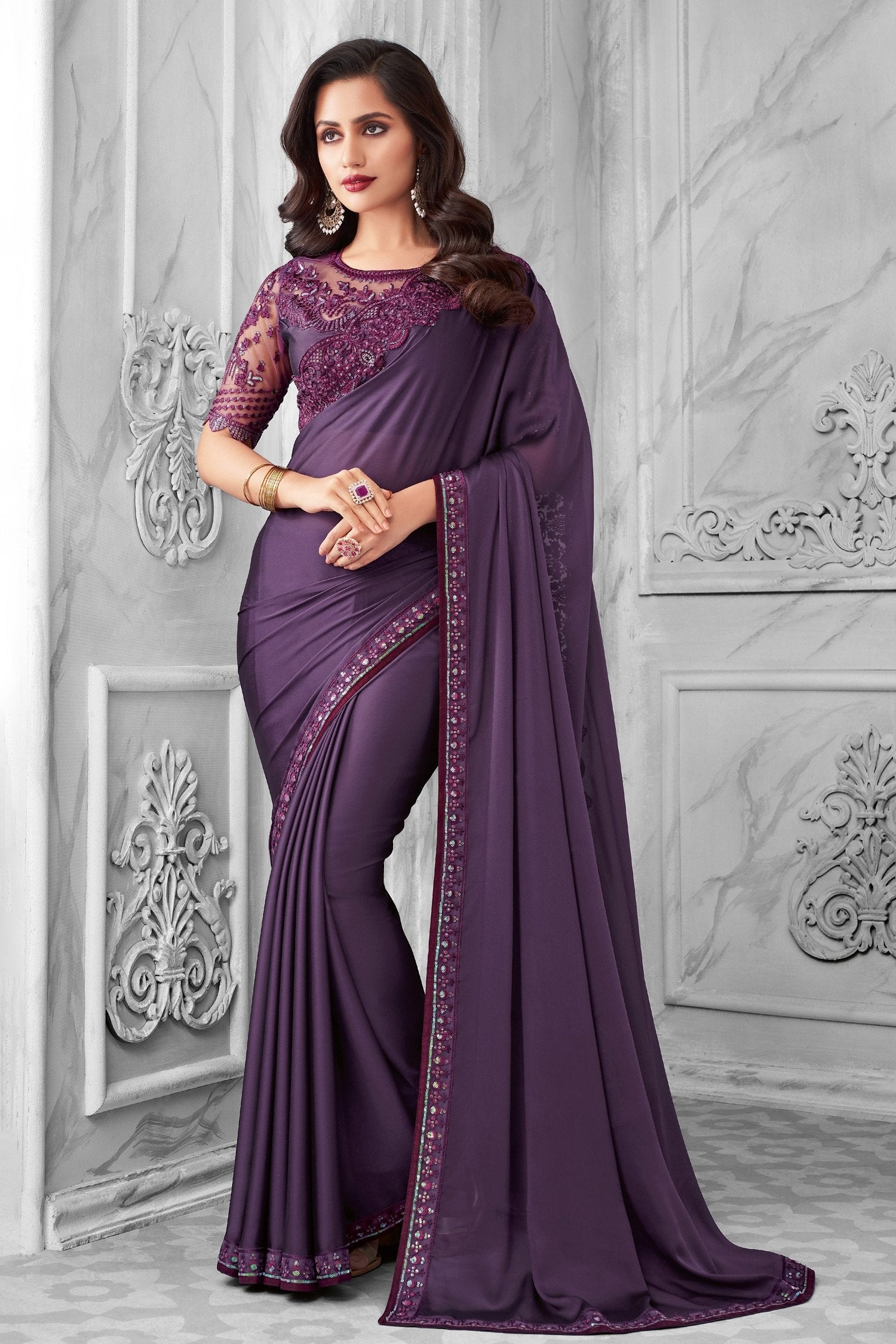 Buy MySilkLove Mulled Wine Purple Two Tone Georgette Designer Silk Saree Online