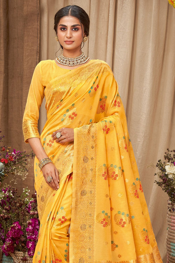 Buy MySilkLove Sunglow Yellow Cotton Saree Online