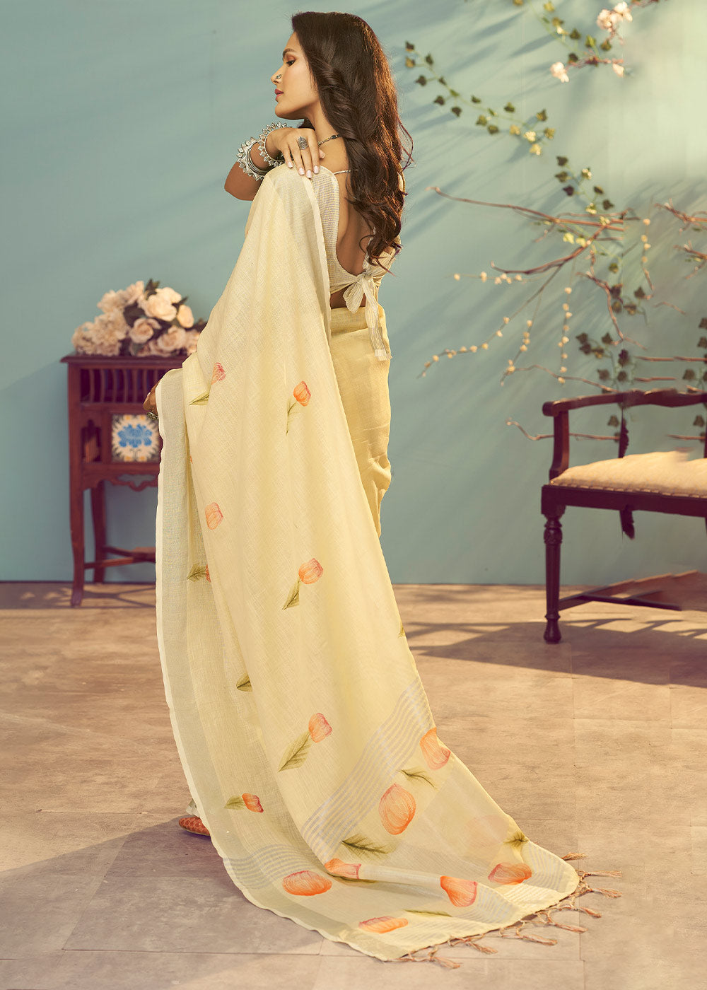 MySilkLove Primrose Yellow Soft Linen Silk Floral Printed Saree