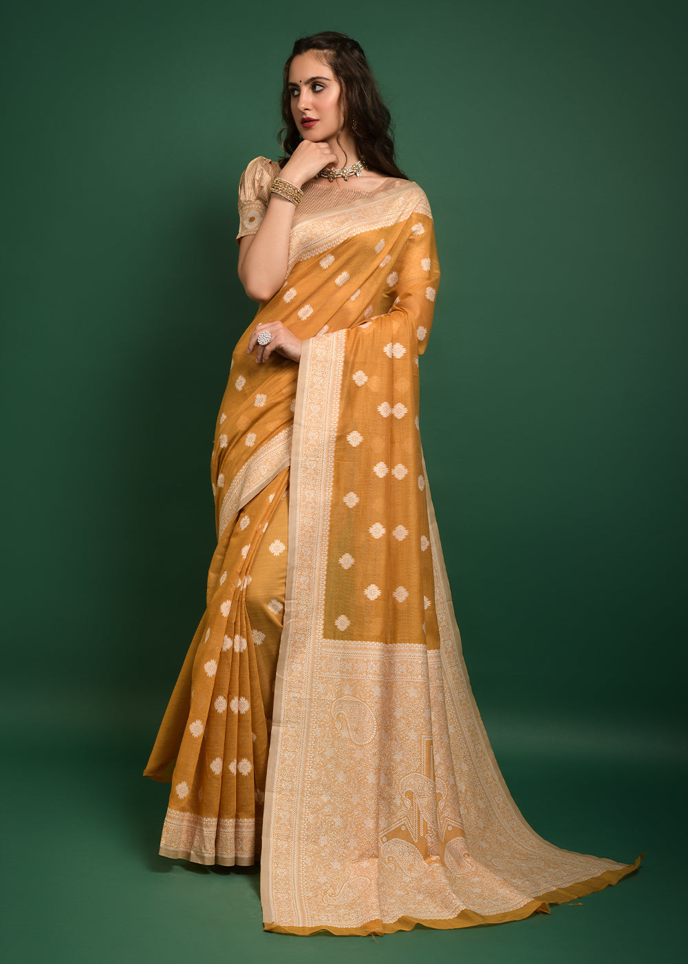 Buy MySilkLove Goldenrod Yellow Chikankari Chanderi Cotton Woven Saree Online