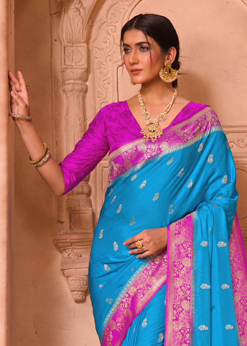 MySilkLove Cerulean Blue and Purple Banarasi Satin Silk Saree