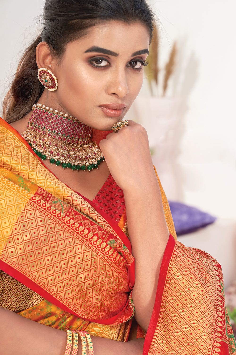 Buy MySilkLove Mustard Yellow and Red Zari Woven Patola Saree Online