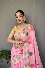 Pastel Pink Woven Cotton Jamdani Silk Saree