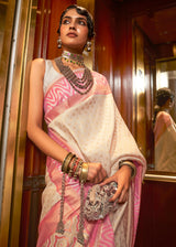 Parchment White and Pink Woven Banarasi silk saree