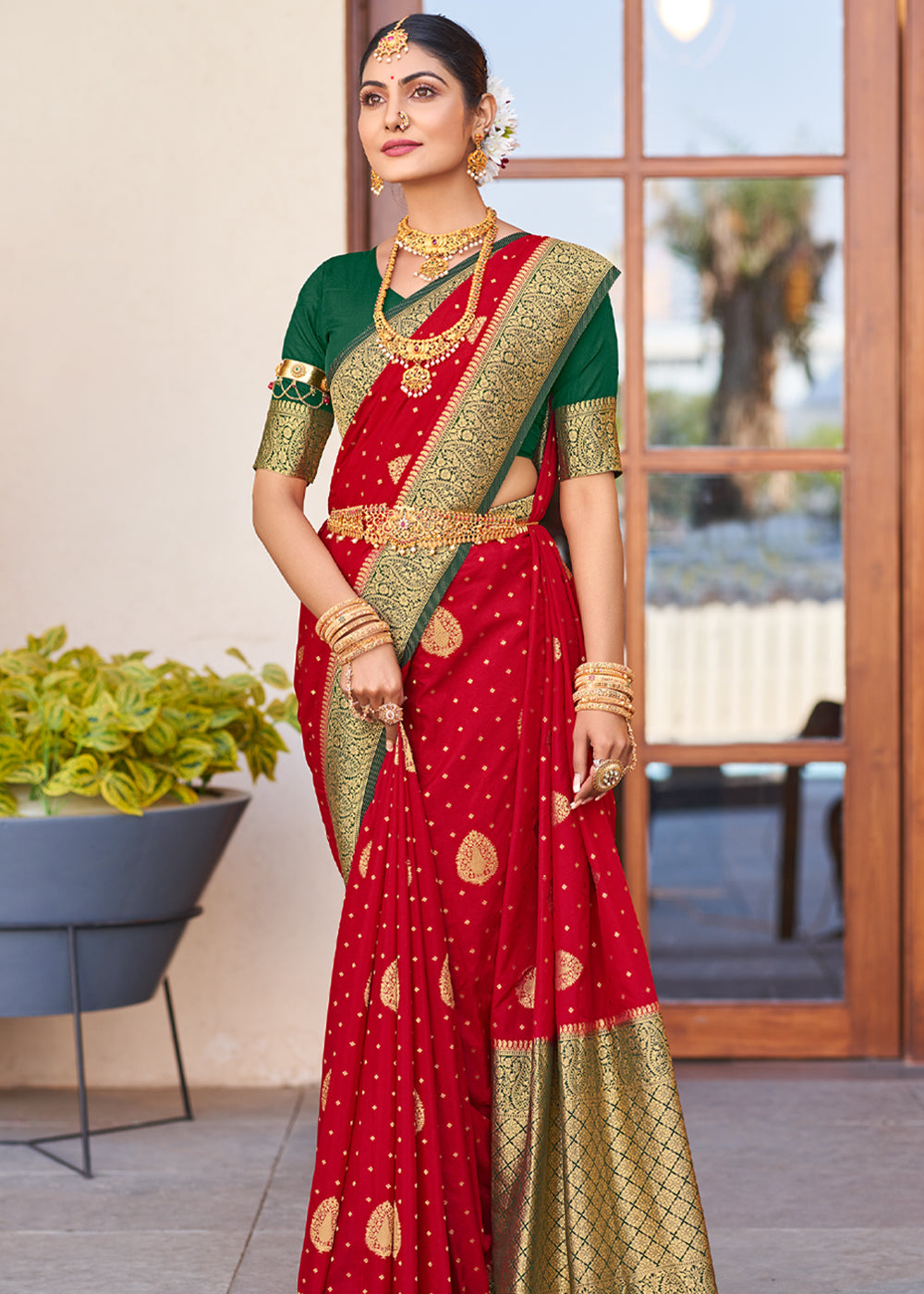 Buy MySilkLove Cherry Red Woven Banarasi Crepe Silk Saree Online