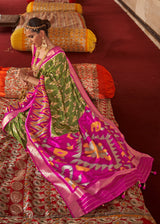 Green Leaf and Pink Printed Patola Silk Saree