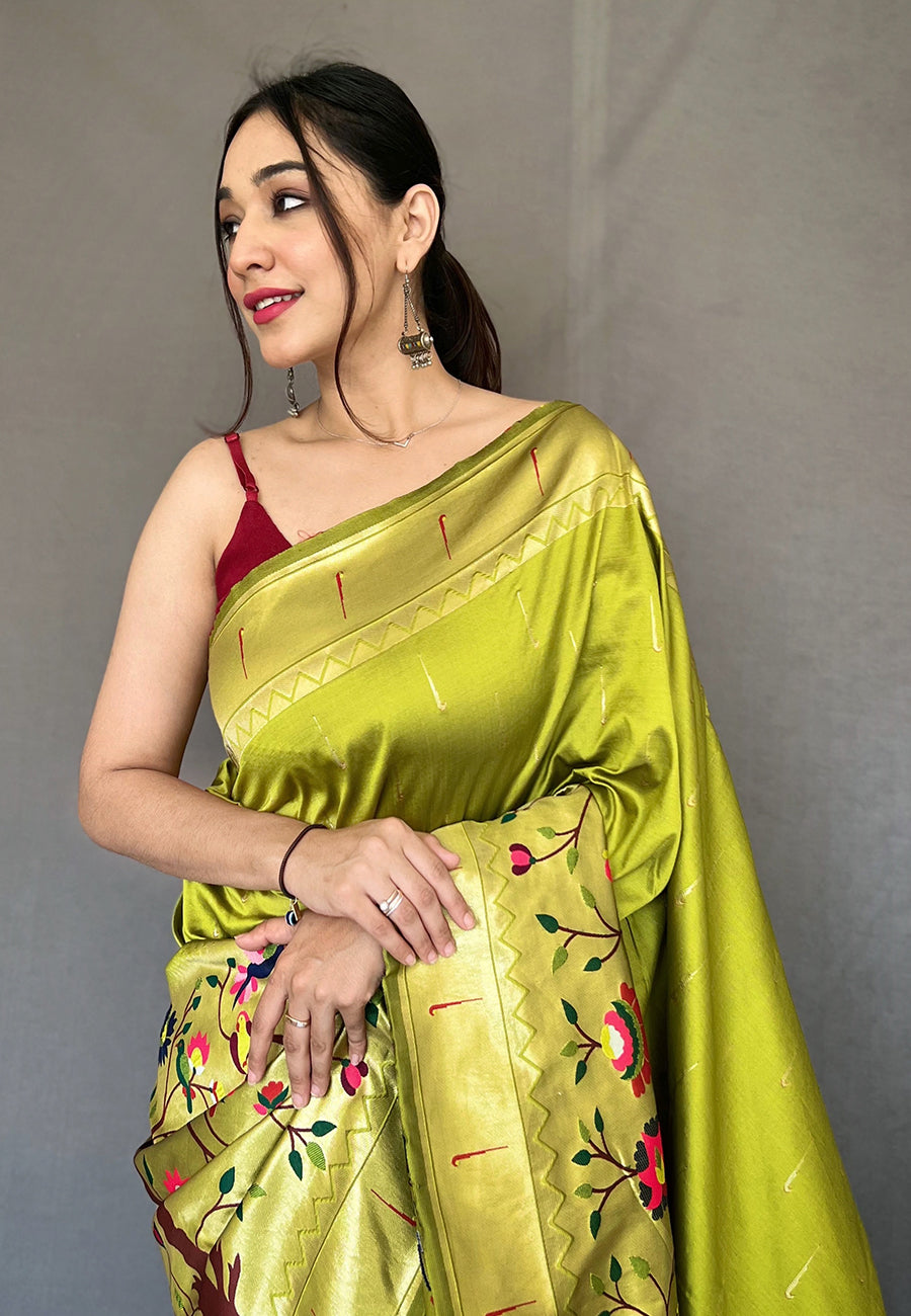 Buy MySilkLove Peridot Green Woven Paithani Silk Saree Online