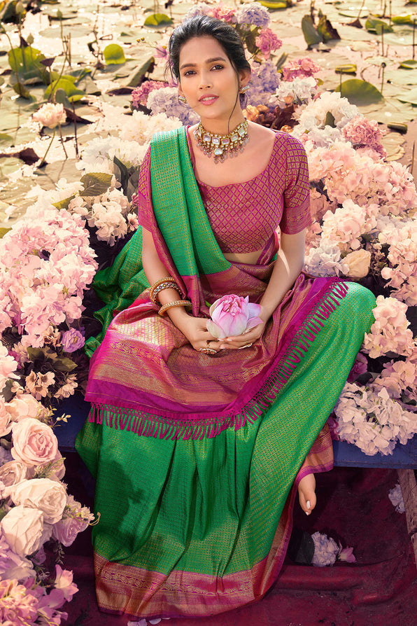 Buy MySilkLove Goblin Green and Pink Woven Kanjivaram Saree Online