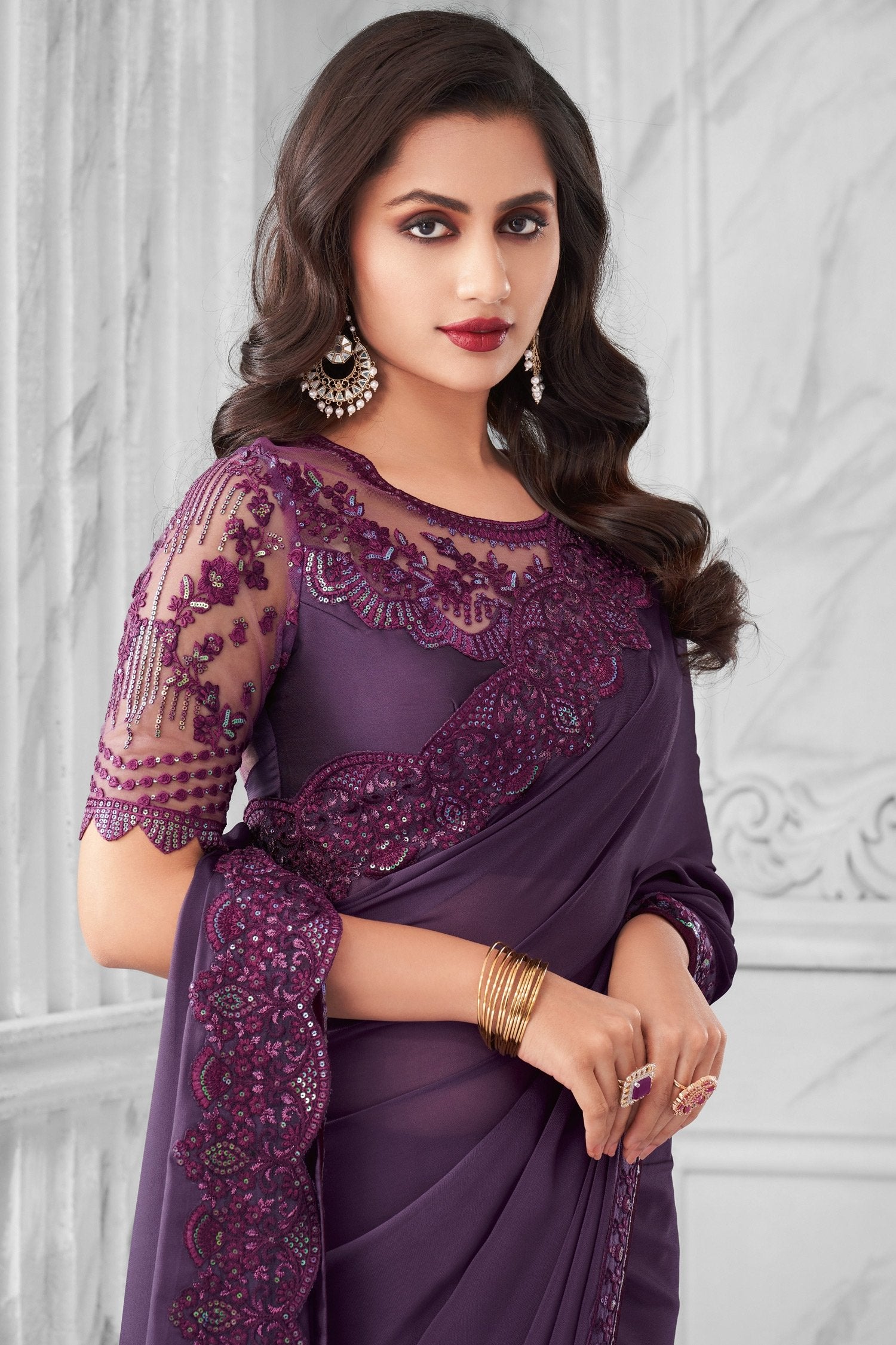 Buy MySilkLove Mulled Wine Purple Two Tone Georgette Designer Silk Saree Online