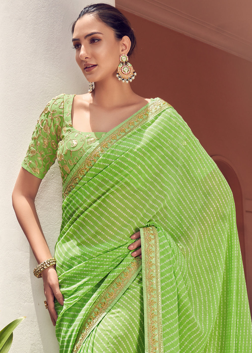 MySilkLove Celery Green Lehriya Print Georgette Saree With Embroidered Blouse
