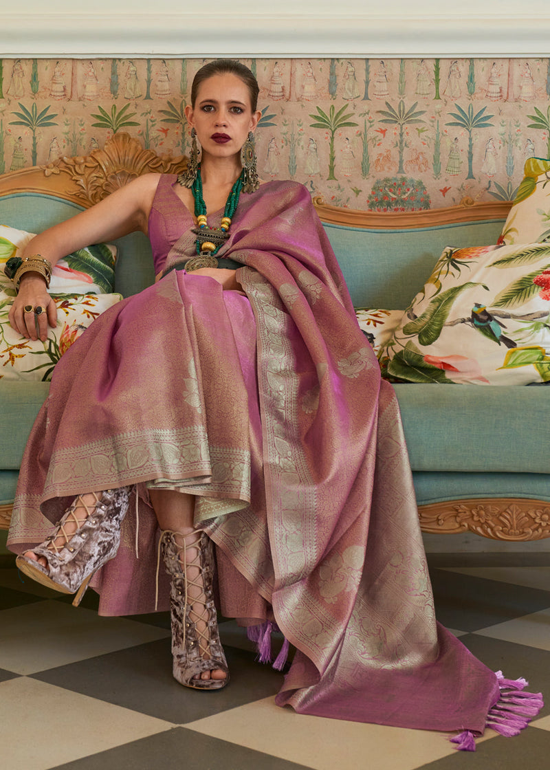 Old Rose Purple Woven Banarasi Satin Tissue Silk Saree