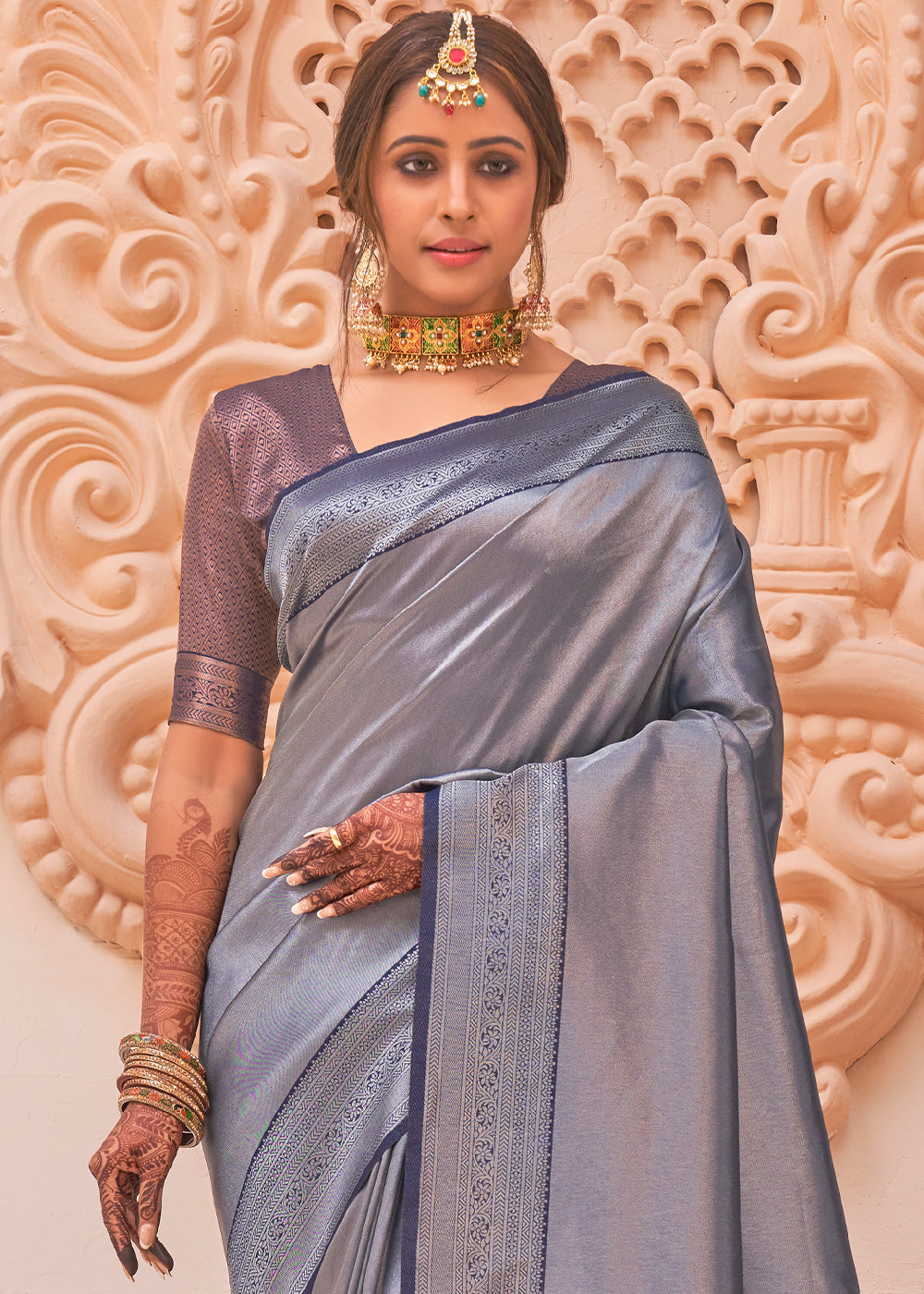 Buy MySilkLove Delta Grey Zari Woven Designer Saree Online