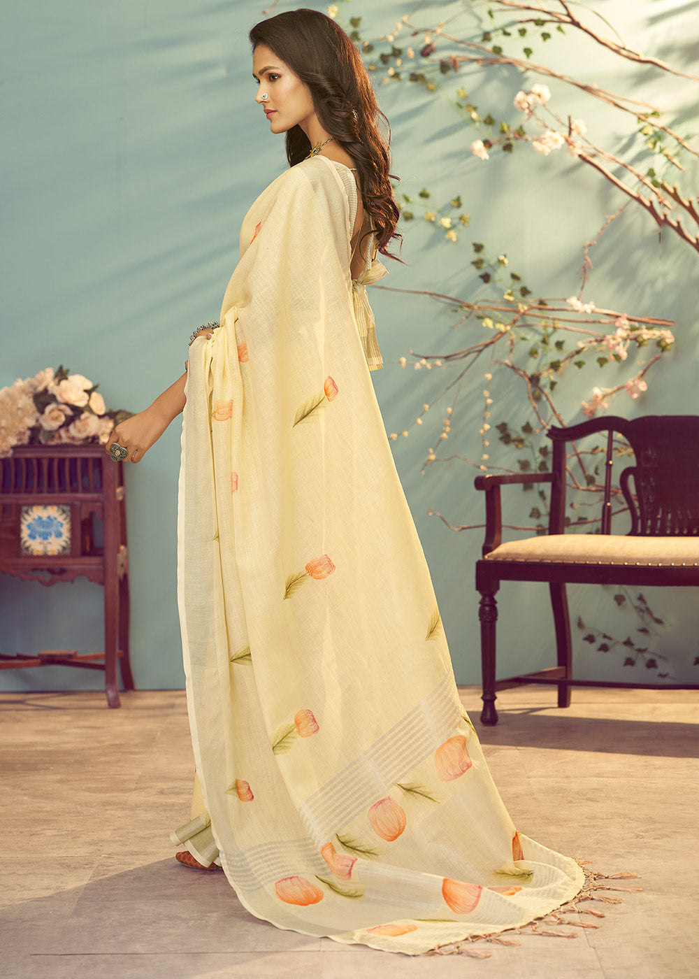 Buy MySilkLove Primrose Yellow Soft Linen Silk Floral Printed Saree Online