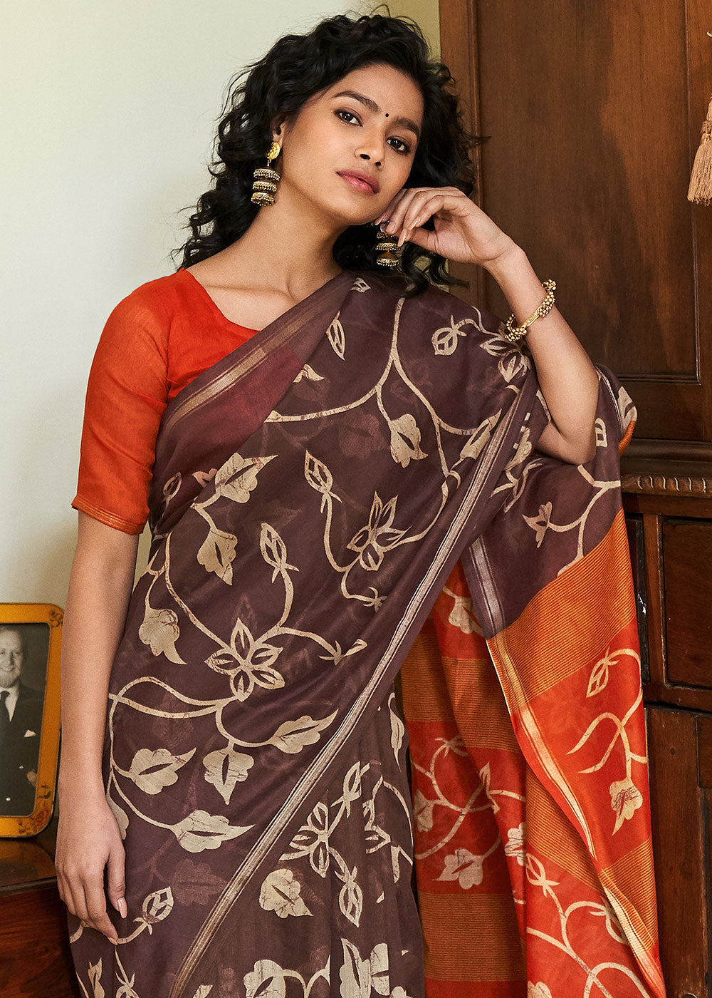 Buy MySilkLove Crater Brown and Orange Cotton Linen Batik Printed Saree Online