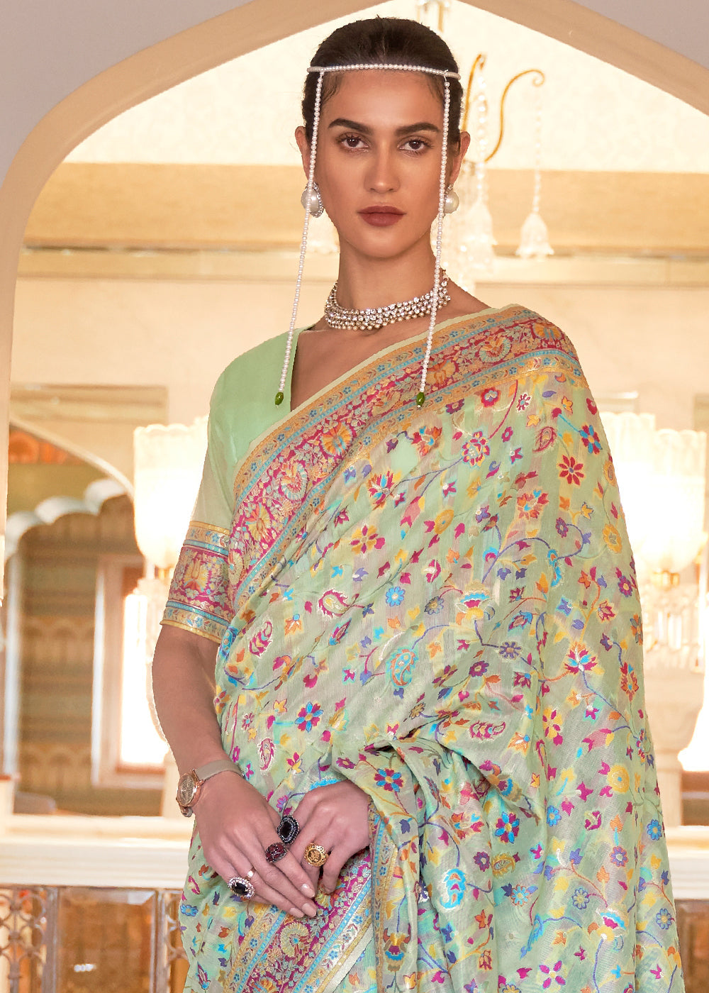 Buy MySilkLove Norway Green Banarasi Jamawar Woven Silk Saree Online