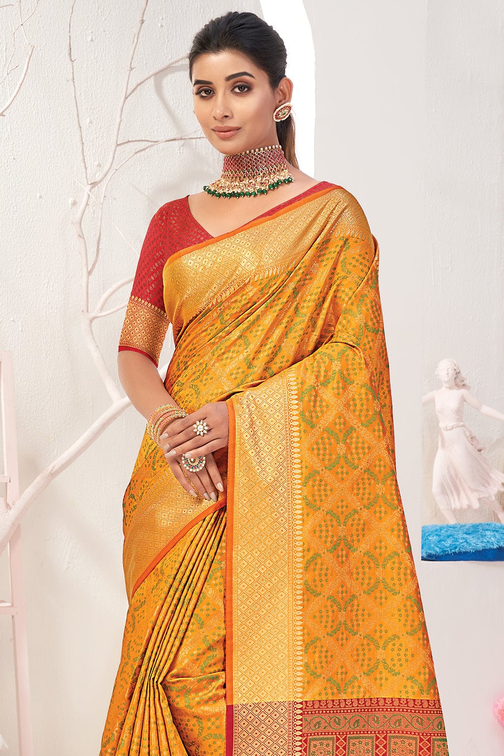 Buy MySilkLove Mustard Yellow and Red Zari Woven Patola Saree Online