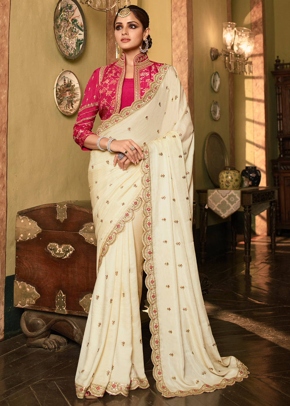 Buy MySilkLove Hampton White Designer Embroidered Silk Saree Online