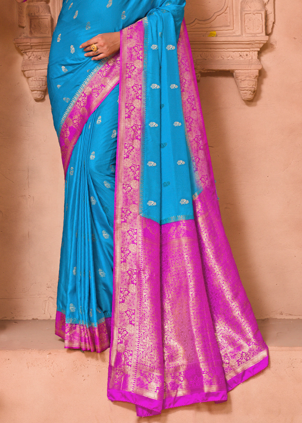 Buy MySilkLove Cerulean Blue and Purple Banarasi Satin Silk Saree Online
