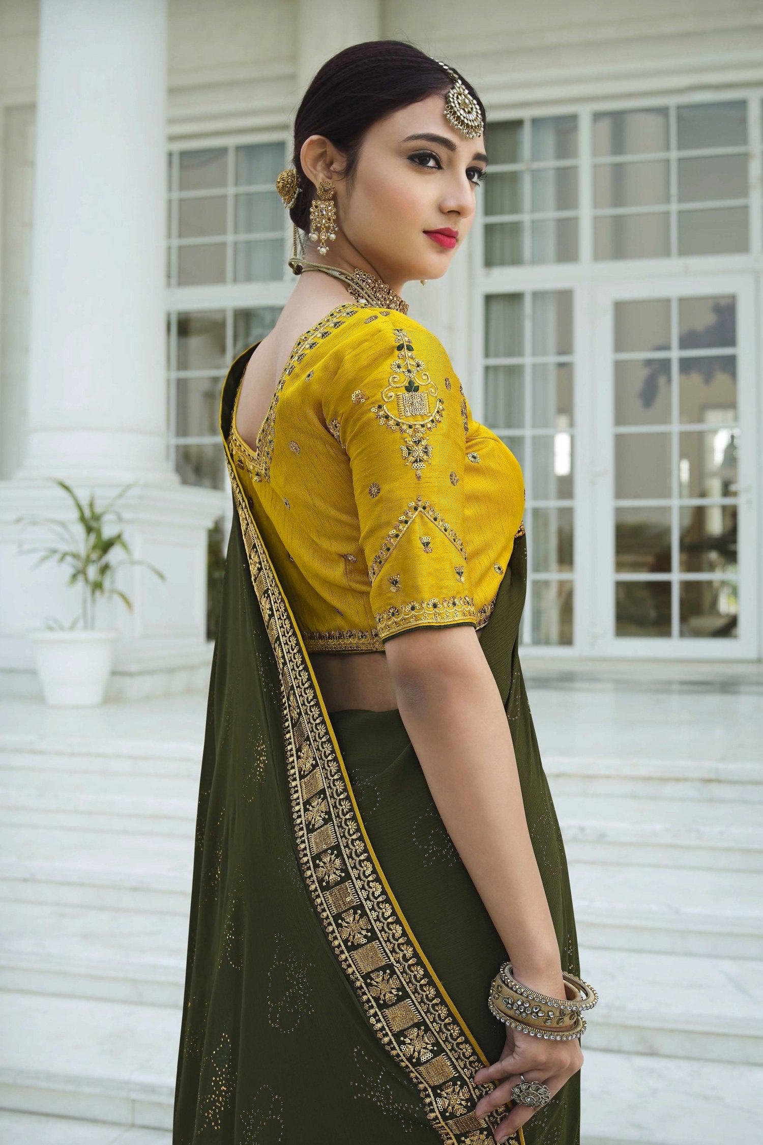 Buy MySilkLove Birch Green and Yellow Chiffon Stone Work Saree Online