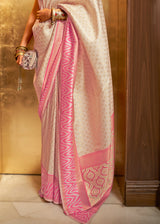 Buy White Pink Silk Blend Saree, MSL-RJ-KZH-271003/MSL8