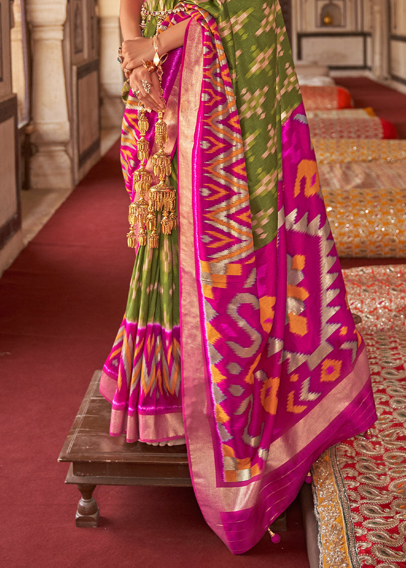 Green Leaf and Pink Printed Patola Silk Saree