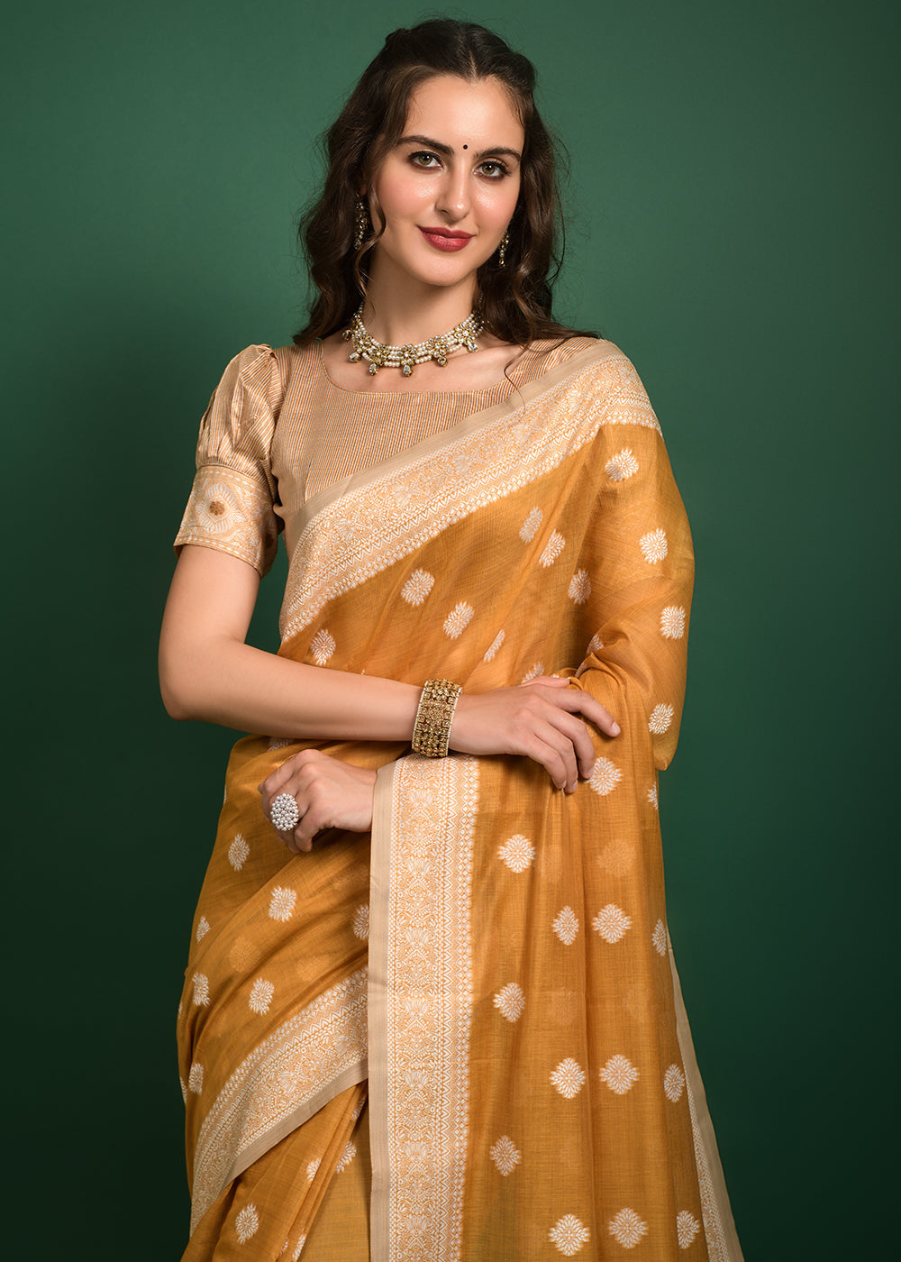 Buy MySilkLove Goldenrod Yellow Chikankari Chanderi Cotton Woven Saree Online