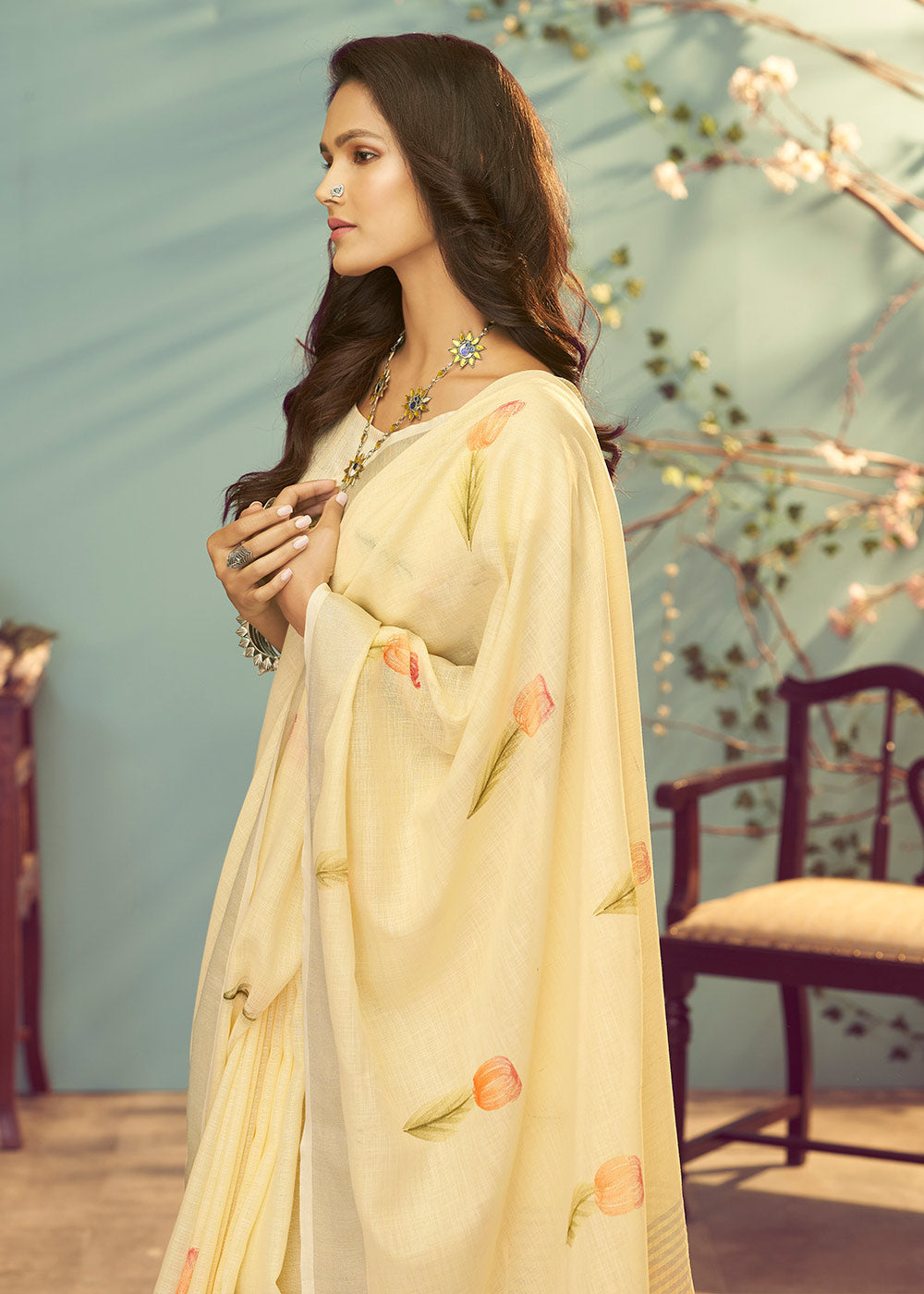 Buy MySilkLove Primrose Yellow Soft Linen Silk Floral Printed Saree Online