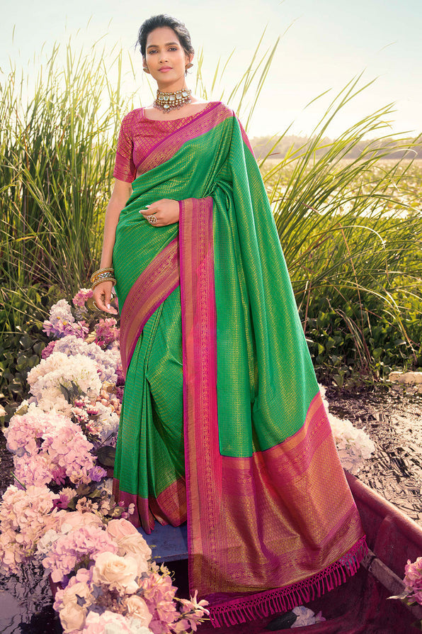 Buy MySilkLove Goblin Green and Pink Woven Kanjivaram Saree Online