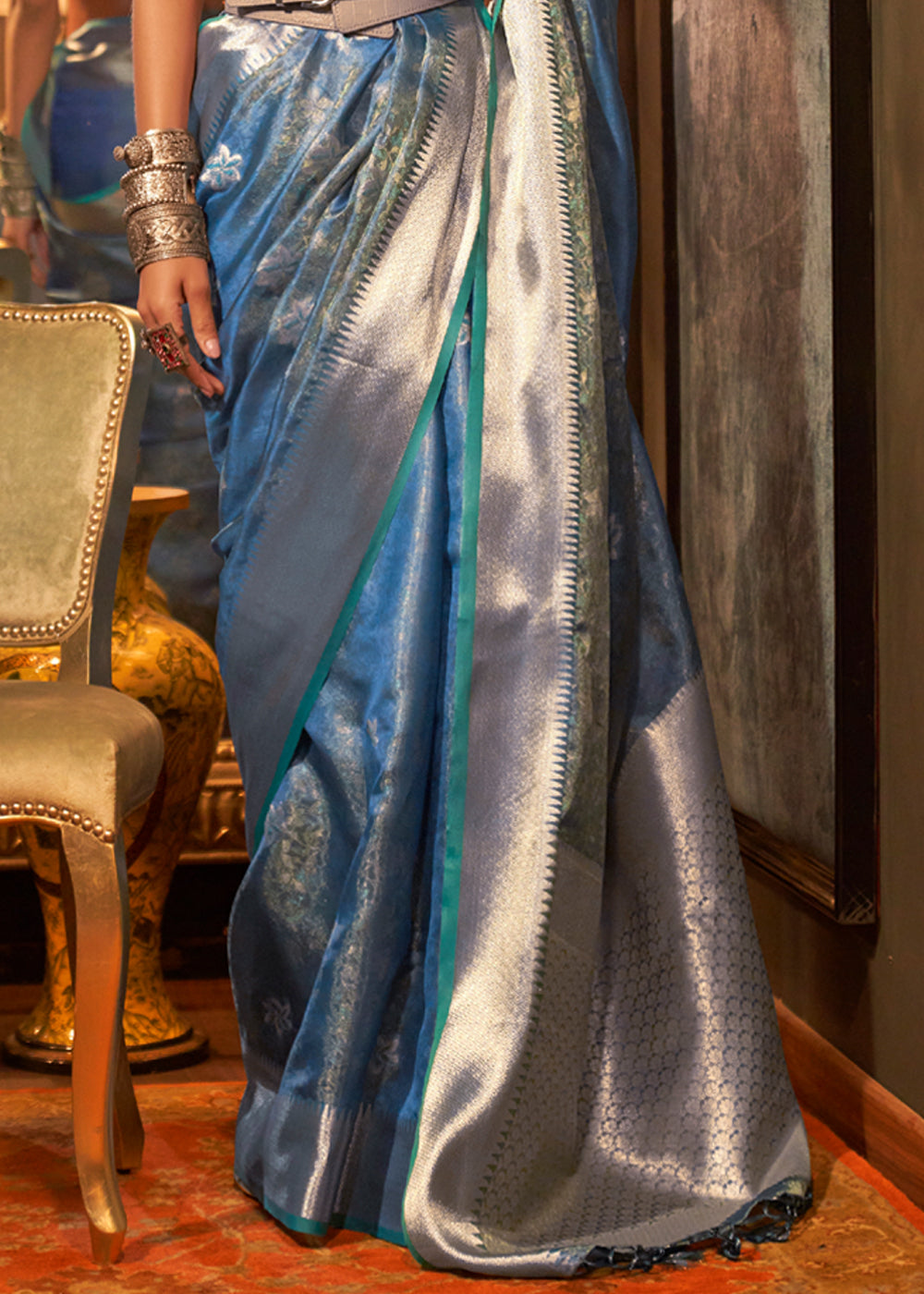 Buy MySilkLove Norway Blue Dual Tone Banarasi Organza Silk Saree Online