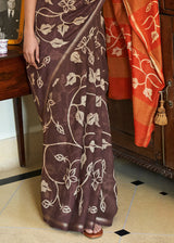 Crater Brown and Orange Cotton Linen Batik Printed Saree