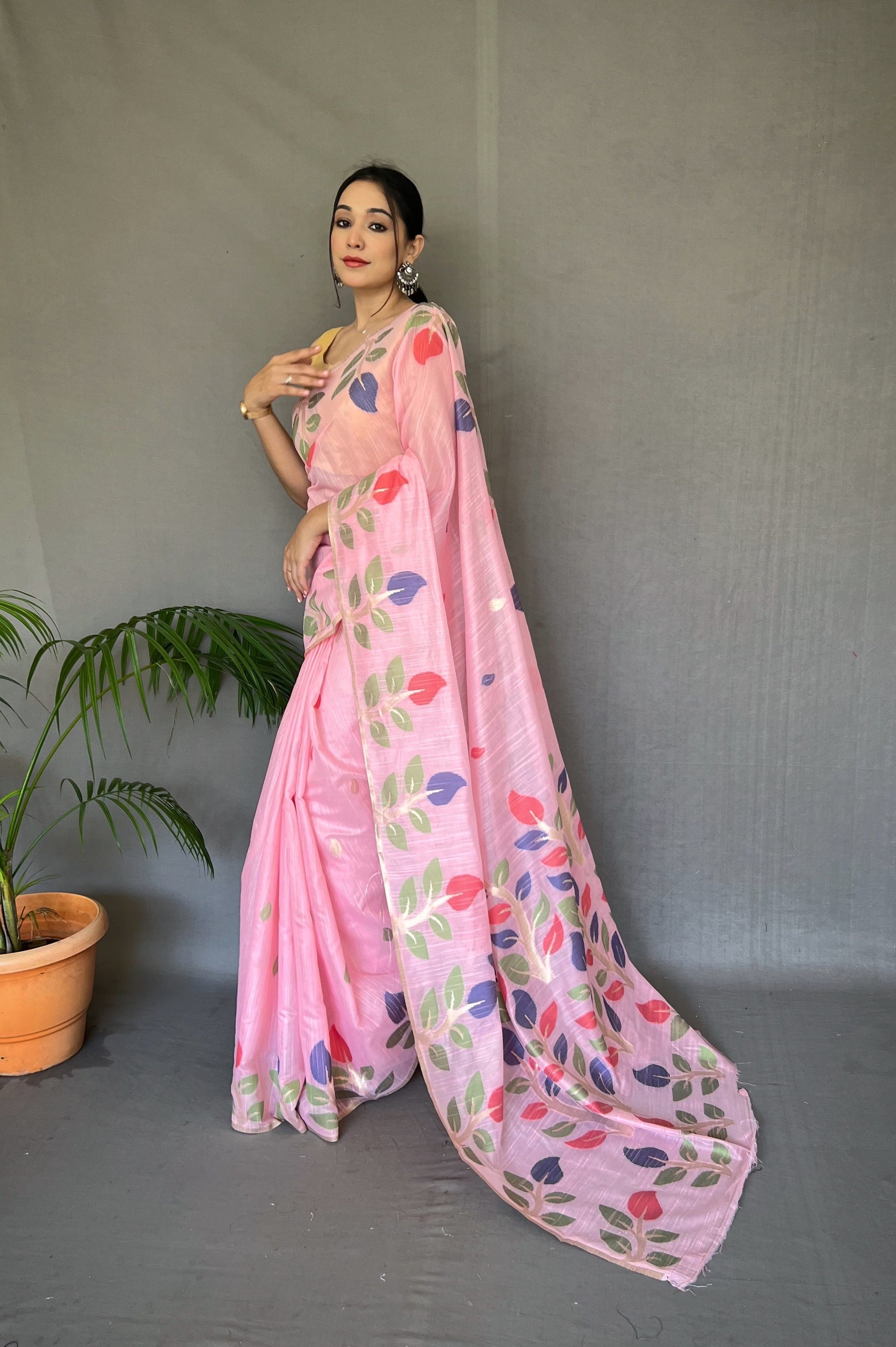 Buy MySilkLove Pastel Pink Woven Cotton Jamdani Silk Saree Online