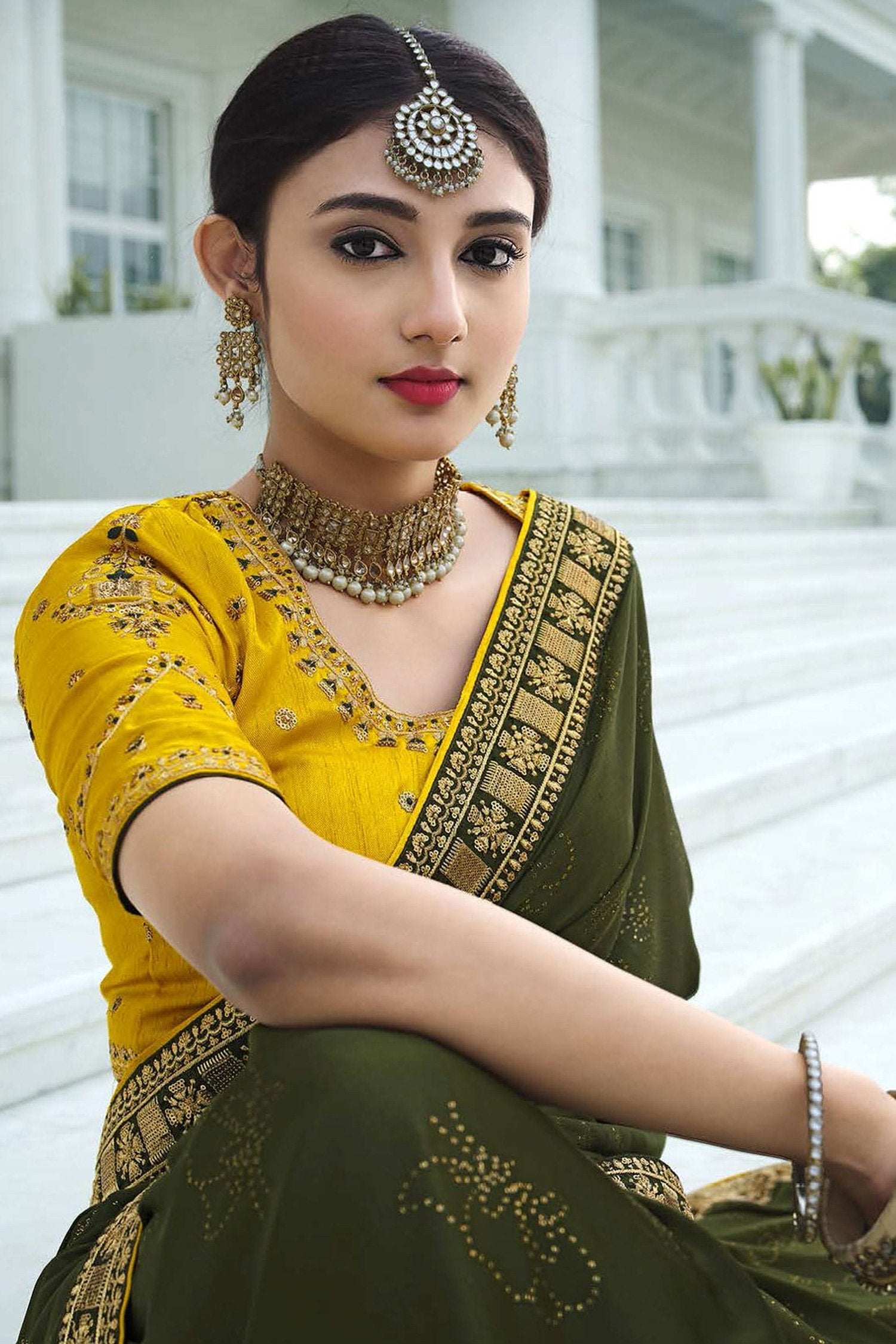 Buy MySilkLove Birch Green and Yellow Chiffon Stone Work Saree Online