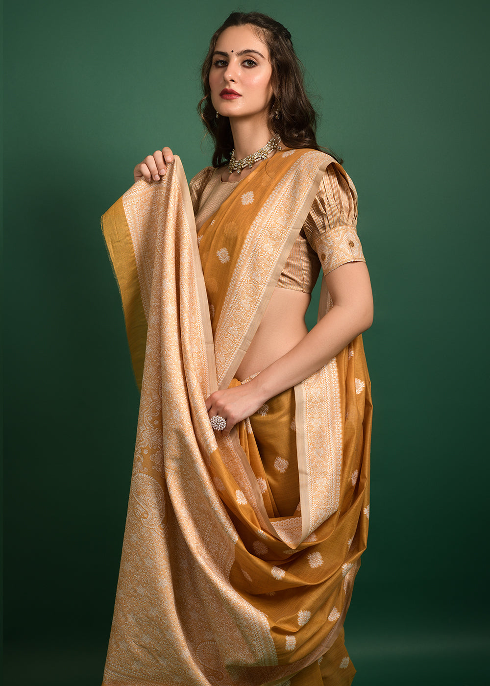 Buy MySilkLove Goldenrod Yellow Chikankari Chanderi Cotton Woven Saree Online