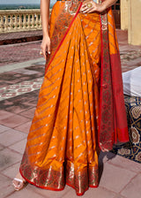 Tan Hide Orange and Red Woven Soft Silk Saree