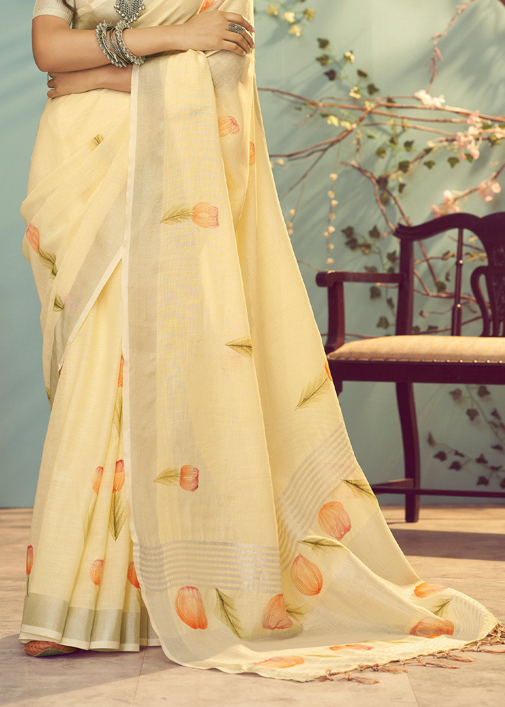 Buy MySilkLove Primrose Yellow Soft Linen Silk Floral Printed Saree Online