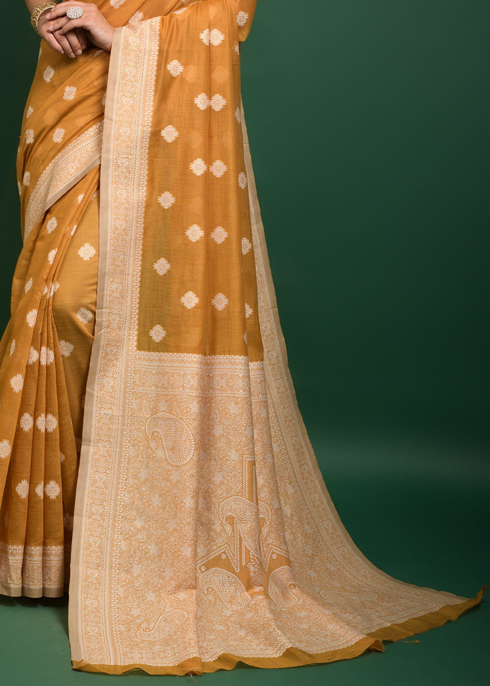 Buy MySilkLove Goldenrod Yellow Chikankari Chanderi Cotton Woven Saree Online