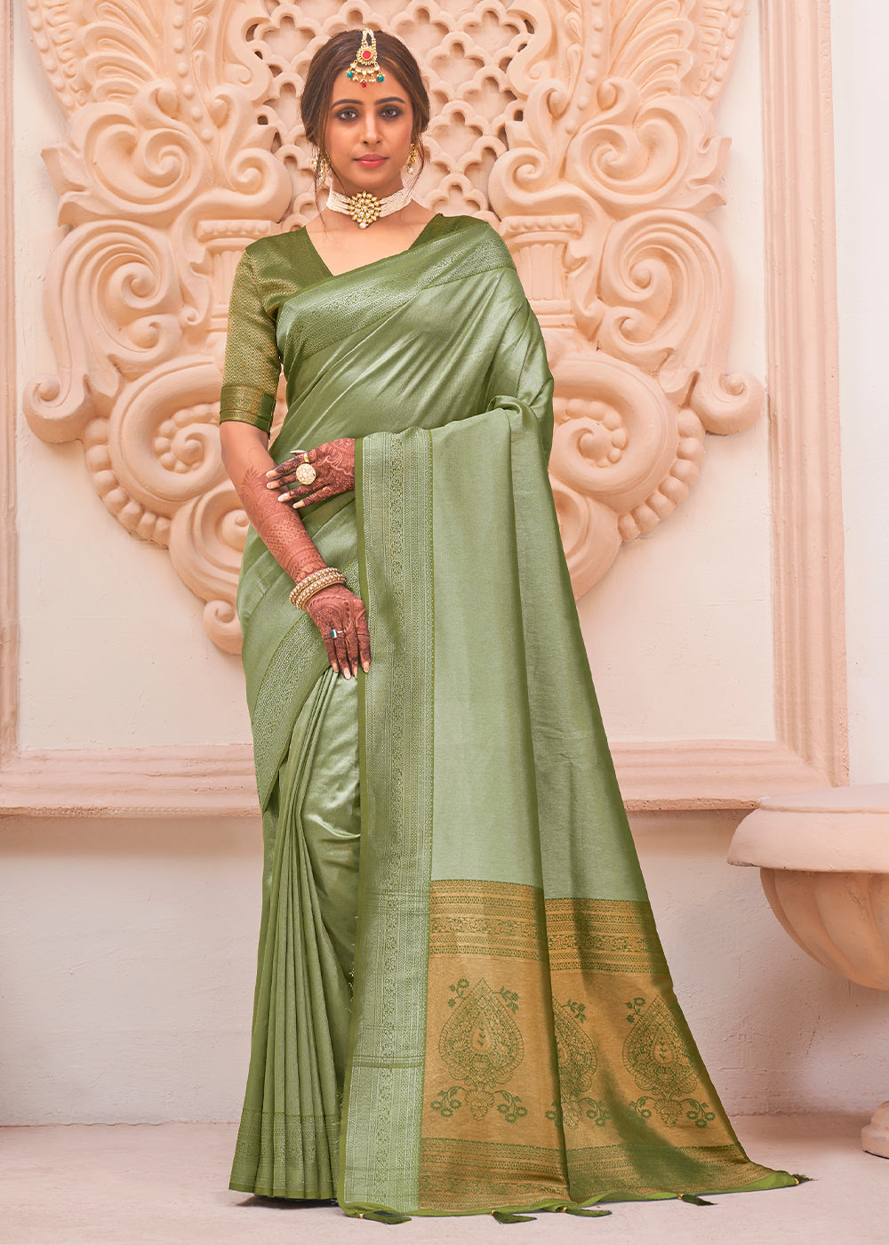 Buy MySilkLove Locust Green Zari Woven Designer Saree Online