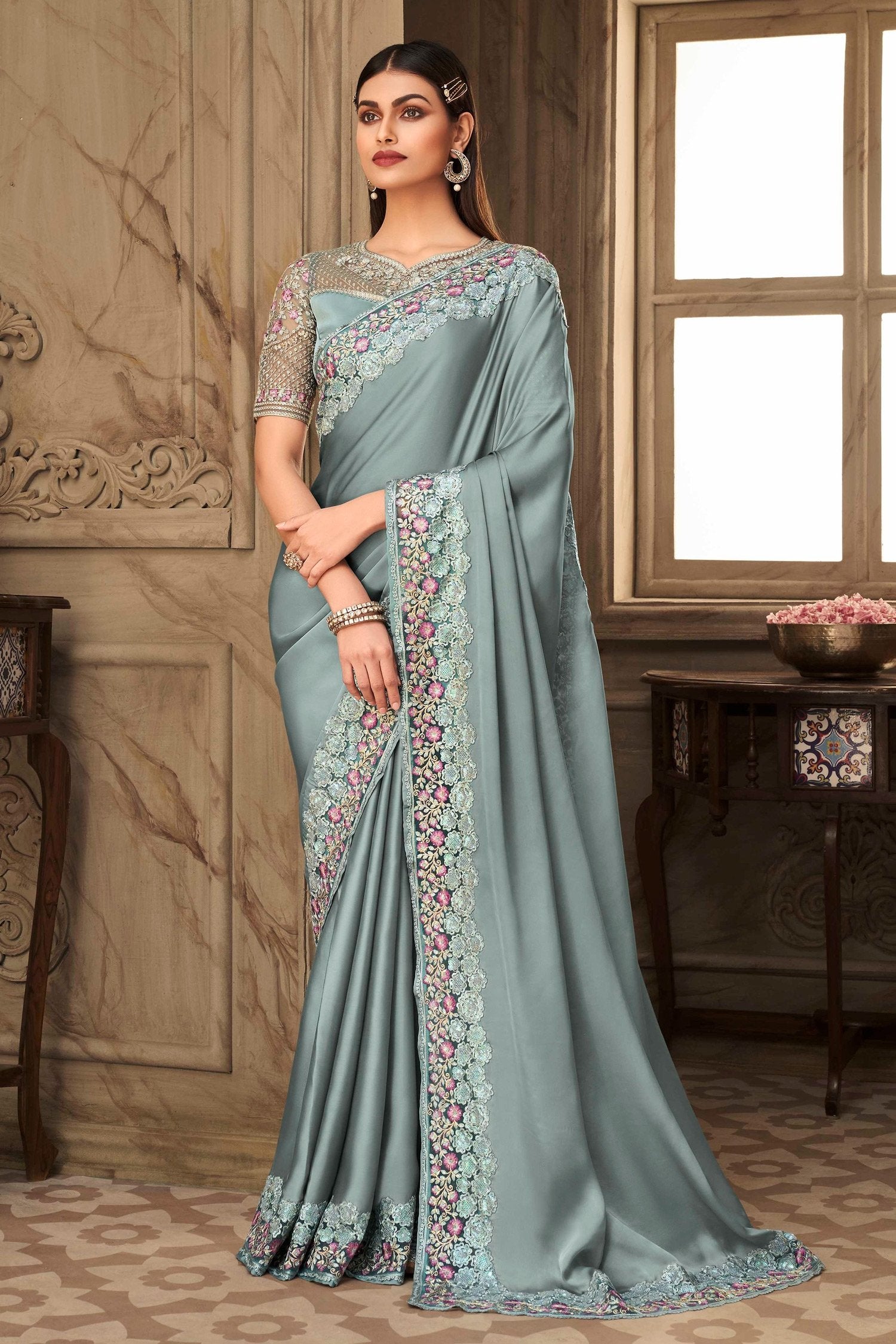 Buy MySilkLove Edward Blue Designer Silk Saree Online