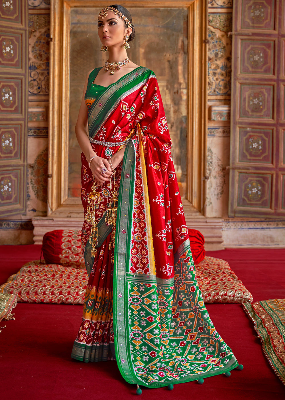 Buy MySilkLove Mahogany Red and Green Woven Patola Silk Saree Online