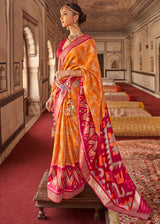 My Sin Orange and Red Printed Patola Silk Saree