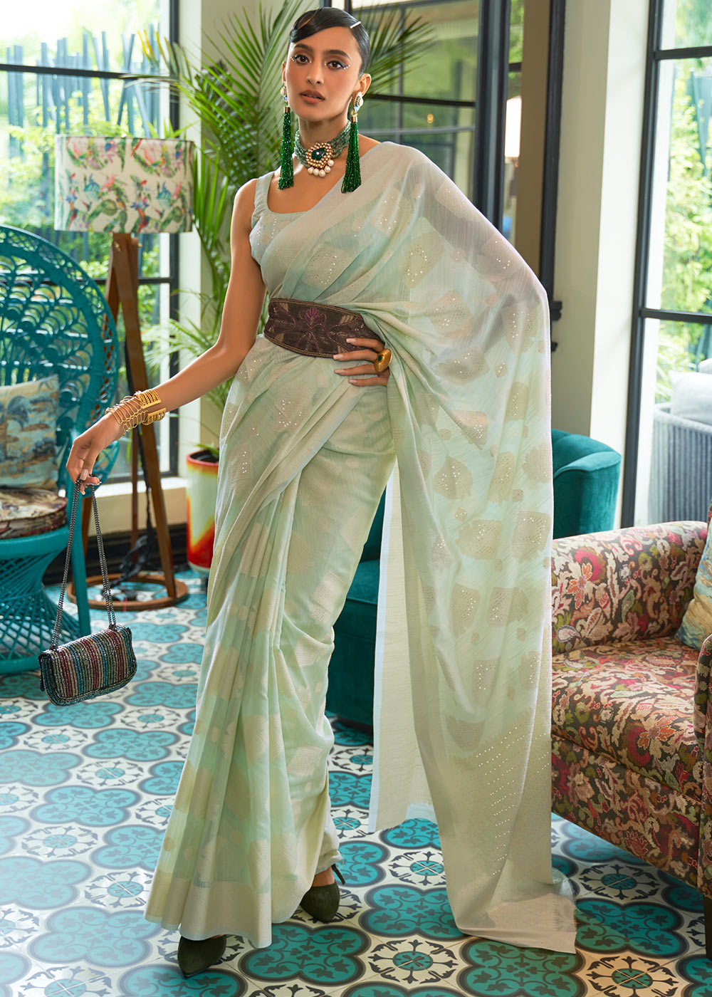 Buy MySilkLove Swamp Green Woven Chikankari Silk Saree Online