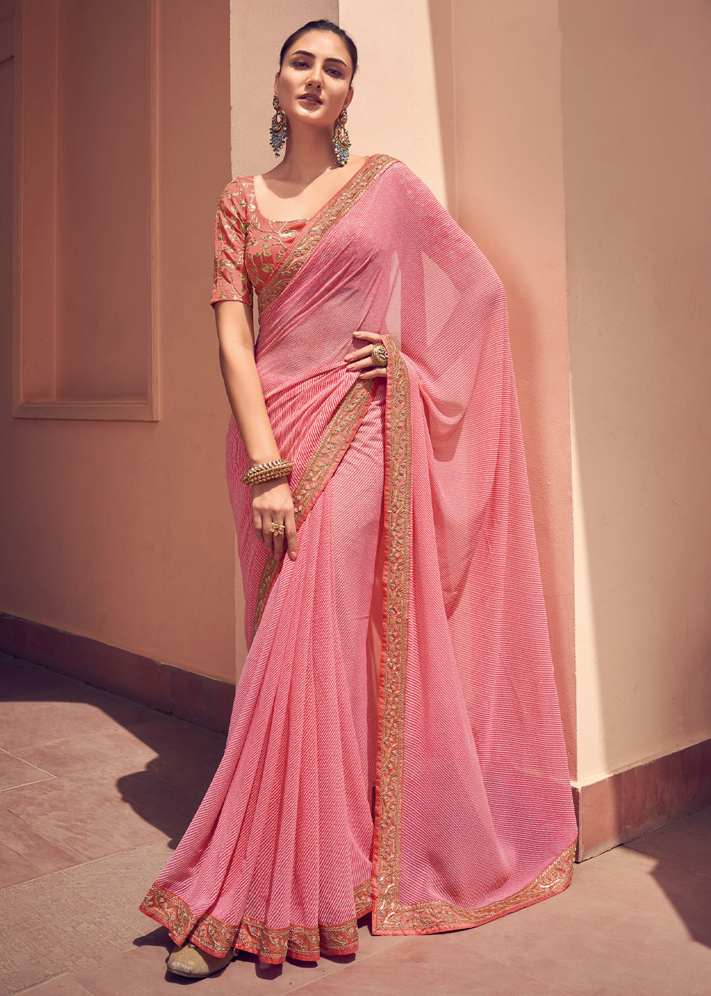Buy MySilkLove Petite Pink Lehriya Print Georgette Saree With Embroidered Blouse Online