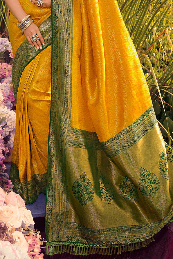 Buy MySilkLove Ochre Yellow and Green Woven Kanjivaram Saree Online