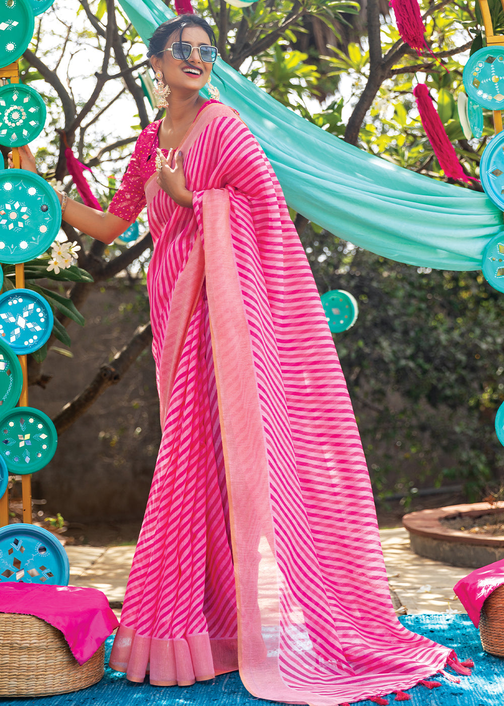 Buy MySilkLove Carnation Pink Cotton Saree With Leheriya Print Online