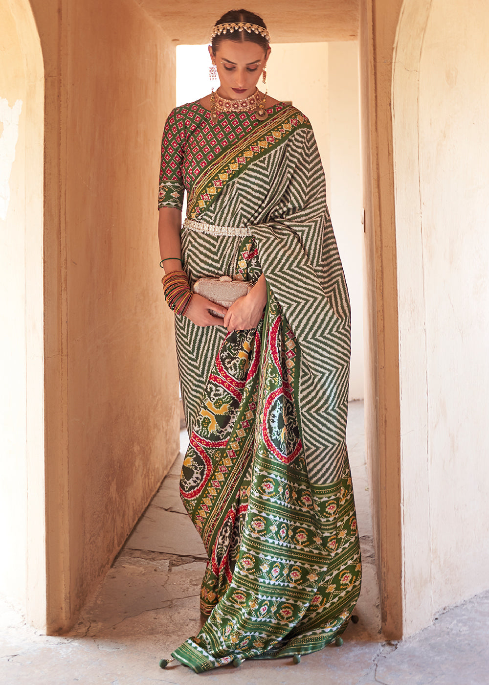 Buy MySilkLove Olive Green Printed Patola Silk Saree Online