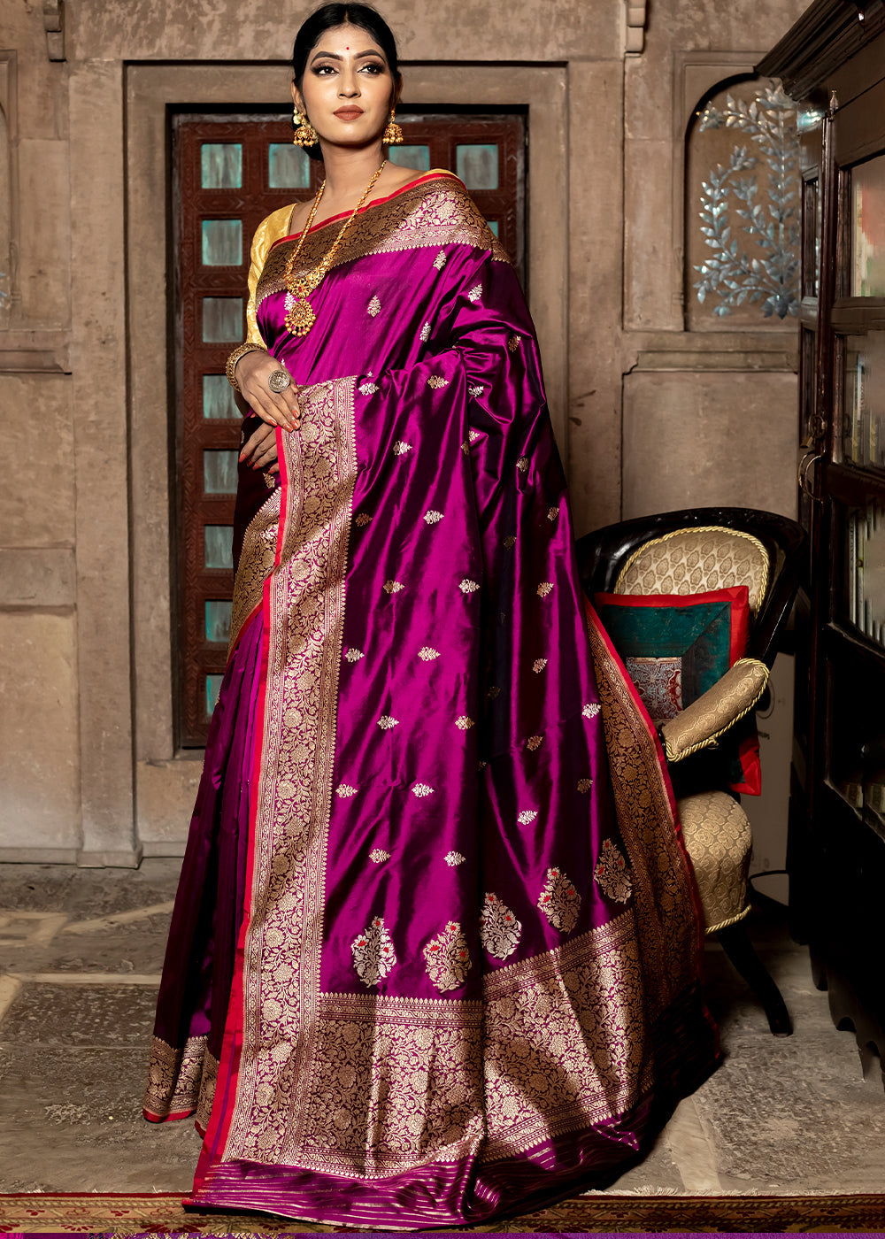 Buy MySilkLove Royal Purple Hand Woven Katan Pure Silk Saree Online