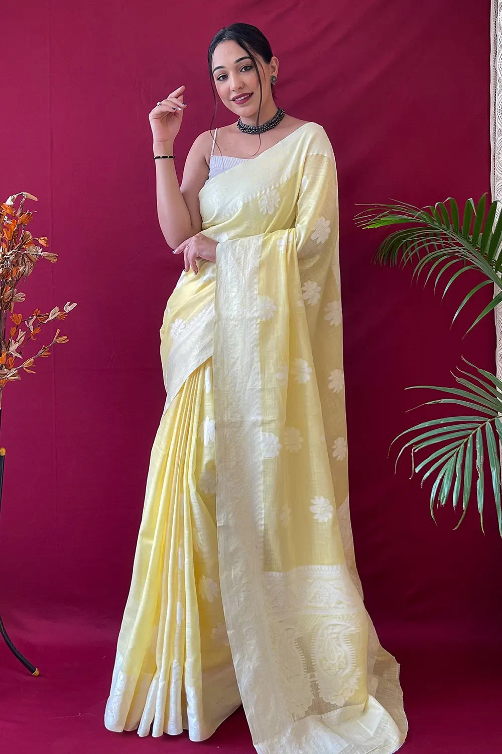 MySilkLove Caper Yellow Lucknowi Woven Linen Saree