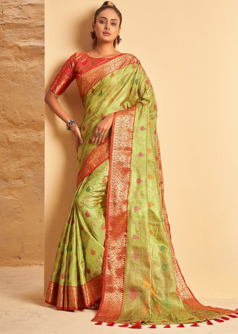 Wild Rice Green Woven Banarasi Brocade Silk Saree
